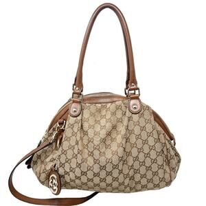 Gucci Sukey Logo Monogram‎ Canvas Leather Trim Boston Bag with Shoulder Strap